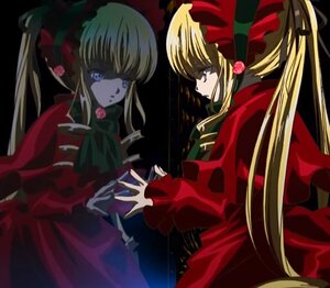 Rating: Safe Score: 0 Tags: 2girls blonde_hair blue_eyes bonnet bow dress drill_hair flower green_bow image long_hair long_sleeves multiple_girls red_dress rose shinku solo twintails User: admin