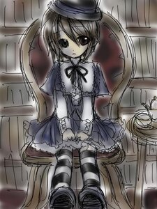 Rating: Safe Score: 0 Tags: 1girl chair dress frills hat image lolita_fashion long_hair long_sleeves sitting sketch solo souseiseki striped striped_legwear thighhighs top_hat twintails User: admin