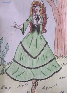 Rating: Safe Score: 0 Tags: 1girl artist_name braid corset dress frills full_body green_dress green_eyes hong_meiling image long_hair long_sleeves neck_ribbon open_mouth ribbon smile solo standing suiseiseki traditional_media User: admin