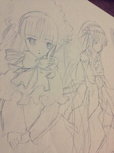 Rating: Safe Score: 0 Tags: 2girls bow dress frills hair_bow hairband hakurei_reimu image long_hair long_sleeves looking_at_viewer monochrome multiple_girls pair shinku simple_background sketch solo suigintou traditional_media User: admin