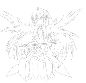 Rating: Safe Score: 0 Tags: 1girl dress feathered_wings frills full_body greyscale hairband holding holding_weapon image long_hair long_sleeves looking_at_viewer monochrome ribbon simple_background solo standing suigintou very_long_hair weapon white_background wings User: admin