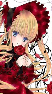 Rating: Safe Score: 0 Tags: 1girl blonde_hair blue_eyes bonnet bow dress drill_hair flower frills holding image long_hair long_sleeves looking_at_viewer red_dress red_flower red_rose rose shinku simple_background solo very_long_hair white_background User: admin