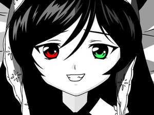 Rating: Safe Score: 0 Tags: 1girl black_hair blush greyscale image limited_palette long_hair looking_at_viewer monochrome portrait red_eyes smile solo spot_color suiseiseki transparent_background User: admin