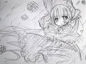 Rating: Safe Score: 0 Tags: 1girl bowtie dress frills greyscale image long_hair long_sleeves looking_at_viewer monochrome shinku simple_background sketch solo traditional_media very_long_hair User: admin