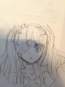 Rating: Safe Score: 0 Tags: 1girl dress eyepatch flower image kirakishou long_hair looking_at_viewer monochrome parted_lips rose simple_background sketch solo traditional_media upper_body User: admin