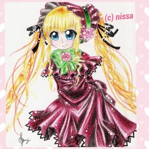 Rating: Safe Score: 0 Tags: 1girl blonde_hair blue_eyes bow bowtie dress green_bow hair_ribbon image long_hair long_sleeves looking_at_viewer pink_background red_dress shinku signature smile solo traditional_media twintails very_long_hair User: admin