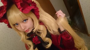 Rating: Safe Score: 0 Tags: 1girl blonde_hair blue_eyes dress eyelashes flower lips long_hair looking_at_viewer red_flower red_rose rose shinku solo User: admin