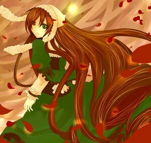 Rating: Safe Score: 0 Tags: 1girl brown_hair dress flower frills green_dress green_eyes head_scarf heterochromia image long_hair long_sleeves looking_at_viewer looking_back petals rose_petals solo suiseiseki very_long_hair User: admin