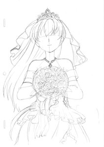 Rating: Safe Score: 0 Tags: 1girl barasuishou bare_shoulders blush bouquet dress elbow_gloves flower gloves greyscale image jewelry long_hair monochrome solo striped veil wedding_dress User: admin