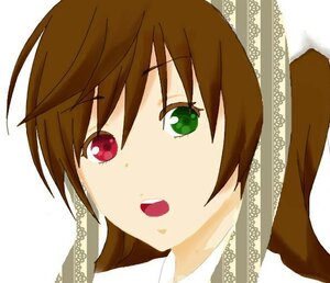 Rating: Safe Score: 0 Tags: 1girl :d brown_hair eyebrows_visible_through_hair green_eyes image looking_at_viewer open_mouth portrait red_eyes simple_background solo suiseiseki white_background User: admin