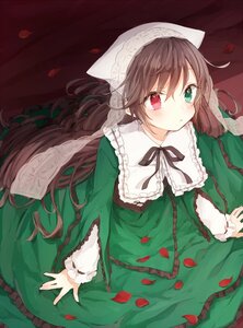 Rating: Safe Score: 0 Tags: 1girl blush brown_hair dress flower frills green_dress heterochromia image long_hair long_sleeves looking_at_viewer petals red_eyes ribbon rose_petals solo suiseiseki very_long_hair User: admin