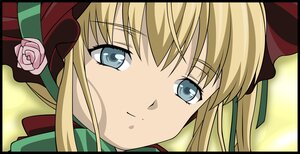 Rating: Safe Score: 0 Tags: 1girl blonde_hair blue_eyes bonnet bow close-up face flower hat image letterboxed long_hair looking_at_viewer parody pink_rose ribbon rose shinku solo User: admin