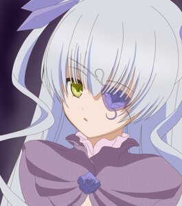 Rating: Safe Score: 0 Tags: 1girl barasuishou blue_flower blue_rose dress eyepatch flower green_eyes image long_hair looking_at_viewer parted_lips ribbon rose silver_hair simple_background solo User: admin