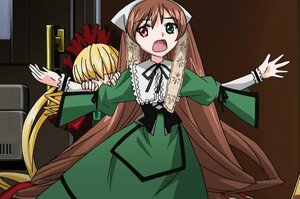 Rating: Safe Score: 0 Tags: 2girls blonde_hair brown_hair dress green_dress head_scarf heterochromia image long_hair long_sleeves multiple_girls open_mouth pair parody red_eyes shinku suiseiseki very_long_hair User: admin