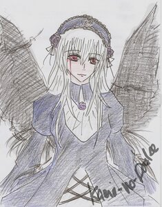 Rating: Safe Score: 0 Tags: 1girl black_wings dress flower hairband image long_hair long_sleeves looking_at_viewer solo suigintou traditional_media wings User: admin