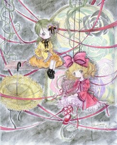 Rating: Safe Score: 0 Tags: 2girls blonde_hair bow dress flower frills green_hair hair_ornament hinaichigo image joints kanaria looking_at_viewer multiple_girls pair ribbon shoes short_hair traditional_media User: admin