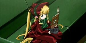 Rating: Safe Score: 0 Tags: 1girl blonde_hair blue_eyes bonnet book bow cup dress image long_hair long_sleeves red_dress shinku solo twintails User: admin