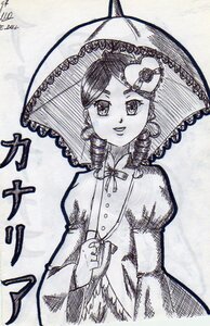 Rating: Safe Score: 0 Tags: 1girl dress drill_hair holding holding_umbrella image kanaria long_sleeves looking_at_viewer monochrome parasol red_umbrella smile solo traditional_media twin_drills umbrella User: admin