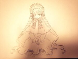 Rating: Safe Score: 0 Tags: 1girl bangs bow capelet dress frills full_body image long_hair long_sleeves looking_at_viewer monochrome shinku simple_background sitting solo very_long_hair User: admin