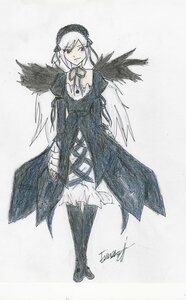 Rating: Safe Score: 0 Tags: 1girl boots closed_mouth dress image long_hair long_sleeves looking_at_viewer ribbon solo standing suigintou traditional_media white_background white_hair User: admin