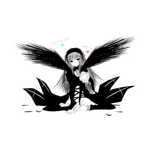 Rating: Safe Score: 0 Tags: 1girl black_wings dress flower frills greyscale hairband image long_hair long_sleeves looking_at_viewer monochrome red_eyes rose simple_background solo suigintou very_long_hair white_background wings User: admin