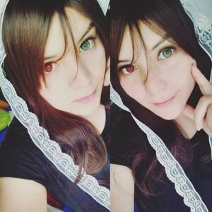 Rating: Safe Score: 0 Tags: 2girls black_hair brown_hair closed_mouth dress green_eyes heterochromia long_hair looking_at_viewer multiple_cosplay multiple_girls red_eyes smile tagme User: admin