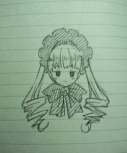 Rating: Safe Score: 0 Tags: 1girl bangs bonnet closed_mouth eyebrows_visible_through_hair image long_hair monochrome shinku solo striped traditional_media upper_body User: admin