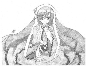 Rating: Safe Score: 0 Tags: 1girl blush dress frills greyscale image long_hair long_sleeves looking_at_viewer monochrome open_mouth ribbon signature simple_background solo suiseiseki traditional_media very_long_hair white_background User: admin