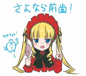 Rating: Safe Score: 0 Tags: 1girl blonde_hair blue_eyes blush bonnet bow dress drill_hair image long_hair long_sleeves open_mouth shinku simple_background solo twintails upper_body white_background User: admin