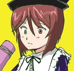 Rating: Safe Score: 0 Tags: 1girl blush_stickers brown_hair image long_sleeves red_eyes short_hair simple_background solo souseiseki yellow_background User: admin