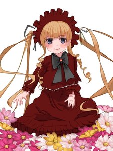 Rating: Safe Score: 0 Tags: 1girl blonde_hair blue_eyes blush bow bowtie dress drill_hair flower image long_hair long_sleeves looking_at_viewer red_dress shinku smile solo twintails white_background User: admin