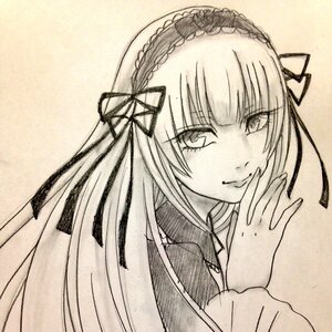 Rating: Safe Score: 0 Tags: 1girl bangs closed_mouth eyebrows_visible_through_hair graphite_(medium) hair_ribbon hairband image long_hair long_sleeves looking_at_viewer monochrome own_hands_together ribbon solo suigintou traditional_media upper_body User: admin