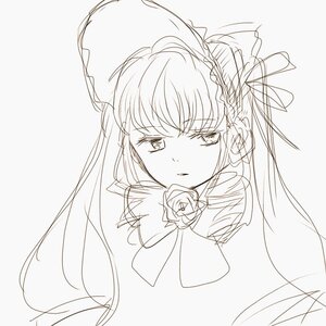 Rating: Safe Score: 0 Tags: 1girl bangs bonnet bow closed_mouth eyebrows_visible_through_hair flower hairband image long_hair looking_at_viewer monochrome rose shinku simple_background sketch solo striped User: admin