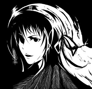 Rating: Safe Score: 0 Tags: 1girl black_background greyscale hairband image looking_at_viewer monochrome ribbon simple_background smile solo suiseiseki User: admin