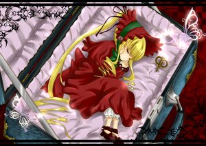 Rating: Safe Score: 0 Tags: 1girl blonde_hair bonnet bug butterfly closed_eyes dress flower image insect letterboxed long_hair lying red_dress shinku sleeping solo twintails User: admin