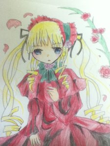 Rating: Safe Score: 0 Tags: 1girl blonde_hair blue_eyes bowtie cowboy_shot dress drill_hair flower image long_hair long_sleeves looking_at_viewer petals red_dress shinku simple_background solo standing traditional_media twin_drills twintails User: admin