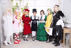 Rating: Safe Score: 0 Tags: black_hair blonde_hair bow closed_eyes dress flower hair_ornament hat high_heels long_hair long_sleeves multiple_boys multiple_cosplay multiple_girls pantyhose shoes smile standing tagme top_hat white_legwear window User: admin