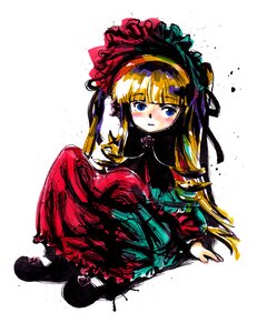 Rating: Safe Score: 0 Tags: 1girl blonde_hair blue_eyes blush bow dress hairband image long_hair shinku sitting solo very_long_hair User: admin