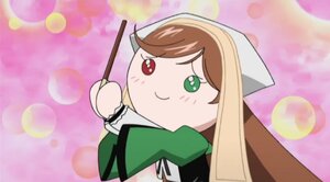 Rating: Safe Score: 0 Tags: 1girl apron brown_hair closed_mouth green_eyes heterochromia holding image long_hair looking_at_viewer red_eyes smile solo style_parody suiseiseki User: admin