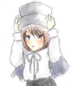 Rating: Safe Score: 0 Tags: 1girl arms_up blue_neckwear blue_ribbon blush brown_hair capelet eyebrows_visible_through_hair fur_hat fur_trim hands_on_headwear hat image long_sleeves looking_at_viewer neck_ribbon ribbon short_hair simple_background solo souseiseki upper_body white_background User: admin