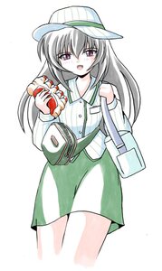 Rating: Safe Score: 0 Tags: 1girl bag bangs blush cowboy_shot dress eyebrows_visible_through_hair food hat holding_food image long_hair long_sleeves looking_at_viewer open_mouth silver_hair simple_background smile solo striped striped_shirt suigintou vertical_stripes white_background User: admin