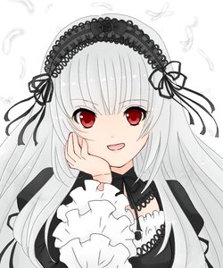 Rating: Safe Score: 0 Tags: 1girl :d bangs black_dress black_ribbon dress eyebrows_visible_through_hair feathers flower frills hairband image long_hair long_sleeves looking_at_viewer open_mouth red_eyes ribbon rose silver_hair simple_background smile solo suigintou upper_body white_background User: admin