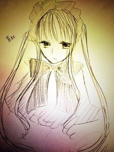 Rating: Safe Score: 0 Tags: 1girl bangs bonnet breasts dress eyebrows_visible_through_hair image long_hair long_sleeves looking_at_viewer monochrome shinku sidelocks solo twintails upper_body very_long_hair User: admin