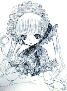 Rating: Safe Score: 0 Tags: 1girl bangs blunt_bangs bonnet bow bowtie closed_mouth dress expressionless frills image long_hair long_sleeves looking_at_viewer monochrome shinku simple_background sketch solo traditional_media upper_body white_background User: admin