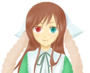 Rating: Safe Score: 0 Tags: 1girl bangs blush brown_hair closed_mouth dress frills green_dress heterochromia image long_hair long_sleeves looking_at_viewer neck_ribbon red_eyes ribbon simple_background smile solo suiseiseki upper_body vertical_stripes white_background User: admin