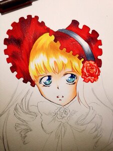 Rating: Safe Score: 0 Tags: 1girl bangs blonde_hair blue_eyes bonnet bow drill_hair eyelashes flower image long_hair looking_at_viewer portrait red_flower red_rose rose shinku simple_background solo traditional_media User: admin