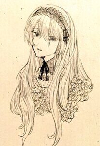 Rating: Safe Score: 0 Tags: 1girl bangs closed_mouth eyebrows_visible_through_hair flower graphite_(medium) hair_between_eyes hairband image long_hair looking_at_viewer monochrome parted_lips rose solo suigintou traditional_media upper_body User: admin