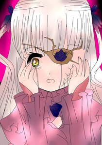 Rating: Safe Score: 0 Tags: 1girl barasuishou blue_flower blue_rose blush dress eyepatch flower hands_on_own_face image long_hair long_sleeves looking_at_viewer open_mouth rose silver_hair simple_background solo tears upper_body yellow_eyes User: admin