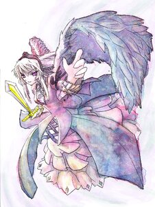 Rating: Safe Score: 0 Tags: 1girl dress feathered_wings feathers frills hat image outstretched_arm purple_eyes solo suigintou traditional_media wings User: admin