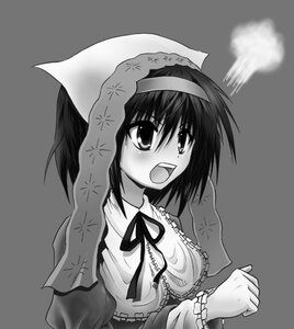 Rating: Safe Score: 0 Tags: 1girl blush costume_switch frills grey_background greyscale hairband image long_sleeves monochrome open_mouth simple_background solo upper_body User: admin